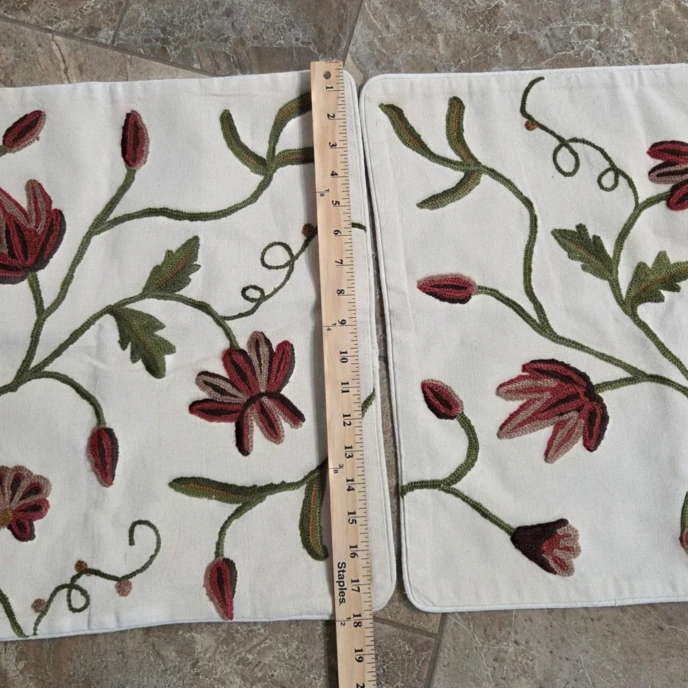 Floral Crewel‎ Embroidered Throw Pillow Covers Set of 2 Cream Burgundy 17.5x17.5